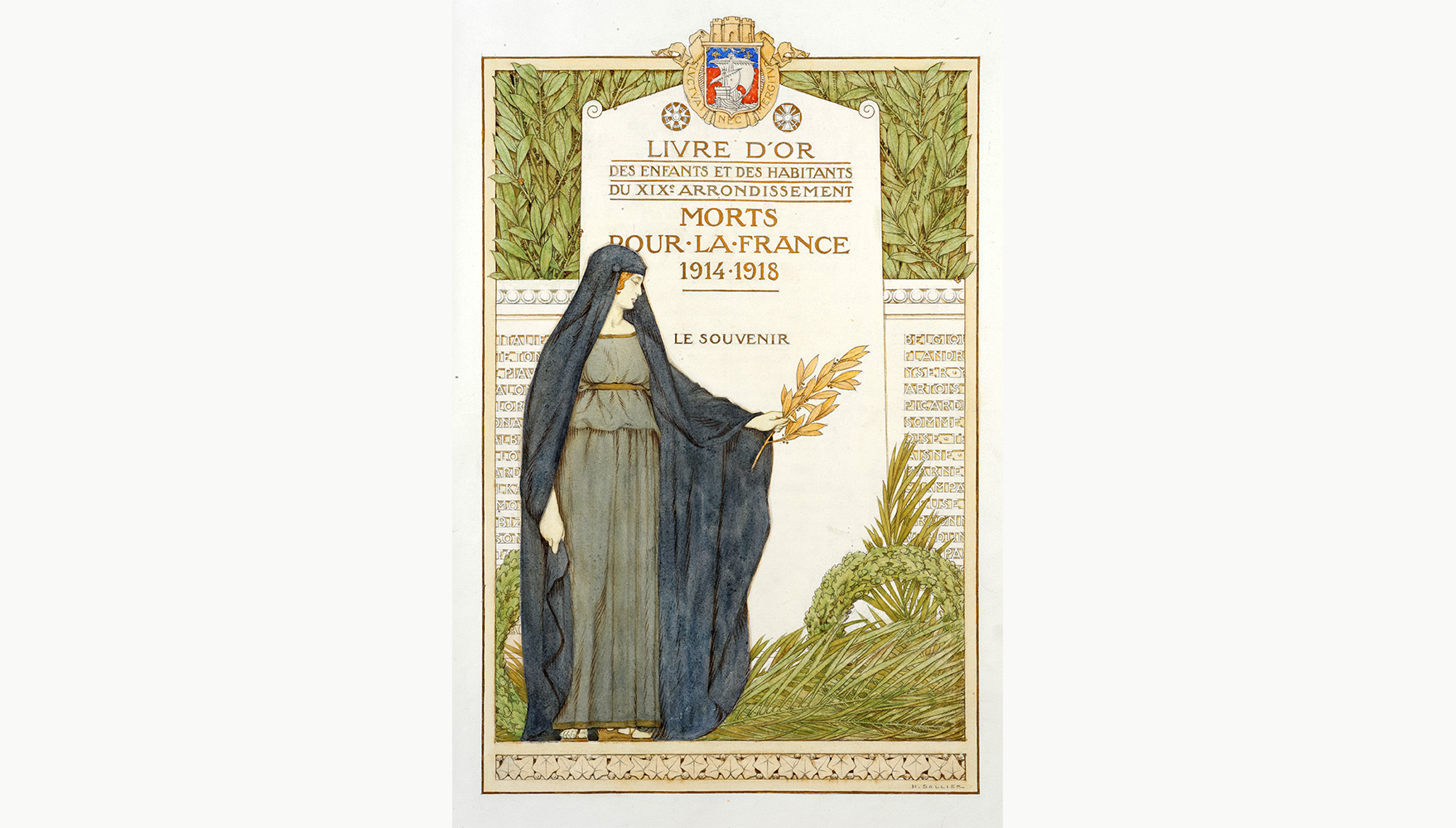 Frontispice exceptionnel de ce livre d’or illustré par H. Sollier : l'allégorie du deuil dépose une palme de laurier devant une stèle sur laquelle sont inscrits de part et d'autre les noms des villes et pays endeuillés