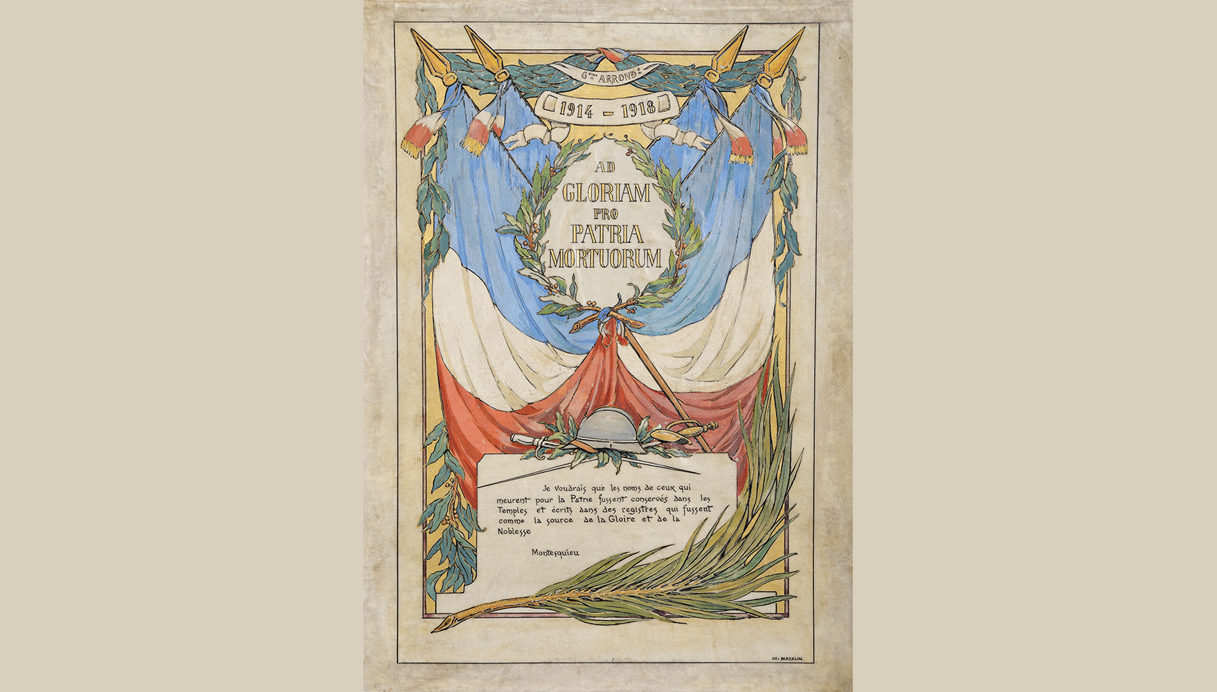 Frontispice du  livre d’or factice en remplacement de l’original disparu. La mairie du 6e arr.  a réalisé (comme celles des 9e et 7e arr.) un monument aux morts avec listes des soldats morts de son arrondissement.