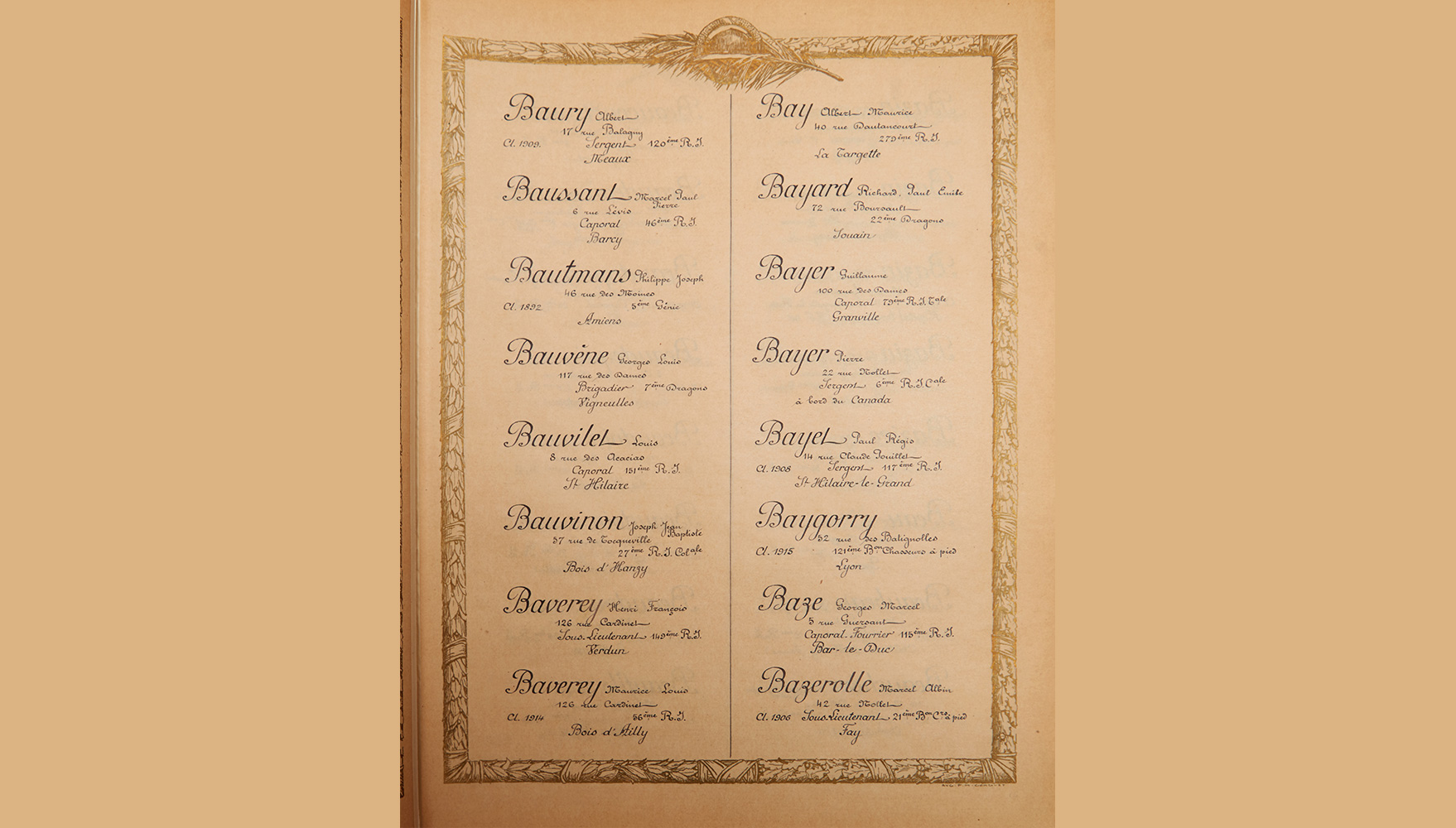 Une page  type d’un registre comportant 16 noms de soldats 