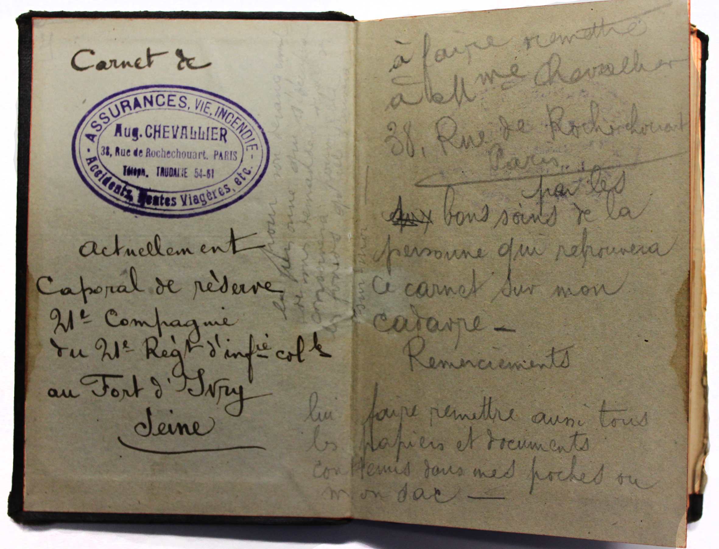 Fonds Boisseau. - Carnet personnel d’Auguste Chevallier (blessé le 6 septembre 1914), comprenant une lettre de 3 pages à son épouse (7 septembre 1914). 
